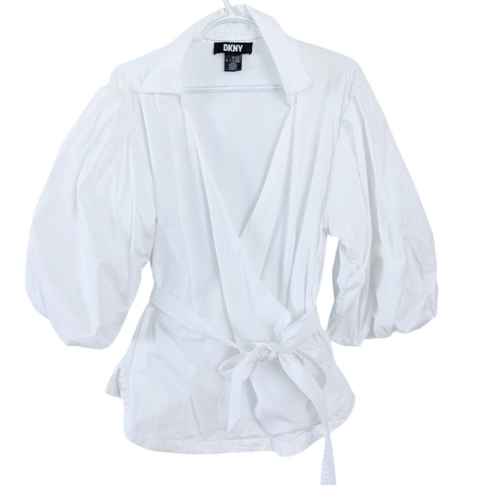 DKNY white Wrap Blouse puff balloon sleeves Large B6